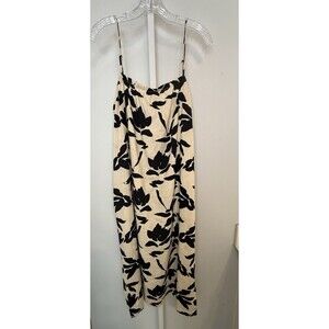 A New Day Linen Blend Midi Slip Dress Beige Black Floral Print Spaghetti Strap L